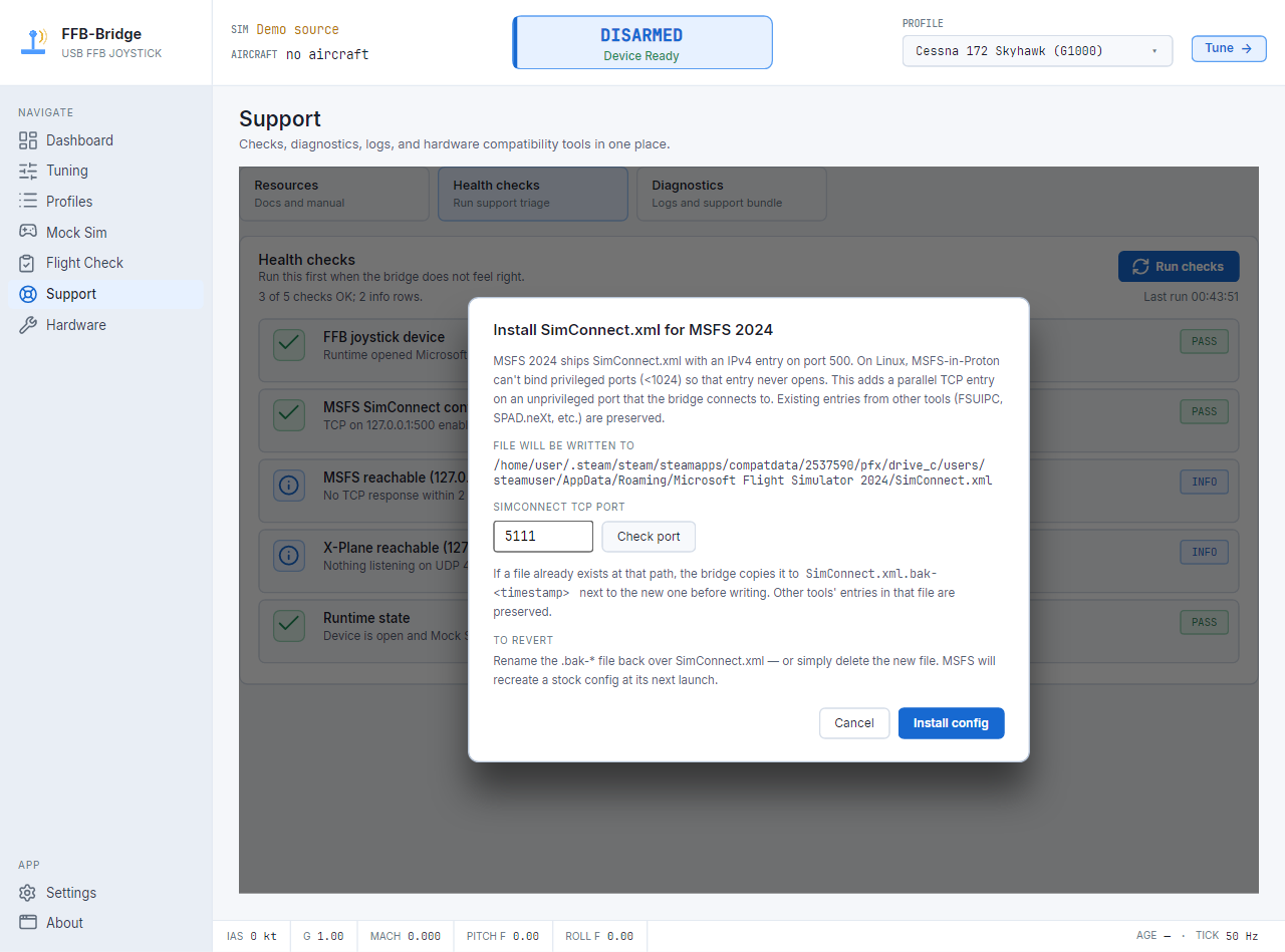 Página de suporte do FFB-Bridge mostrando diagnósticos do SimConnect e orientações de reparo